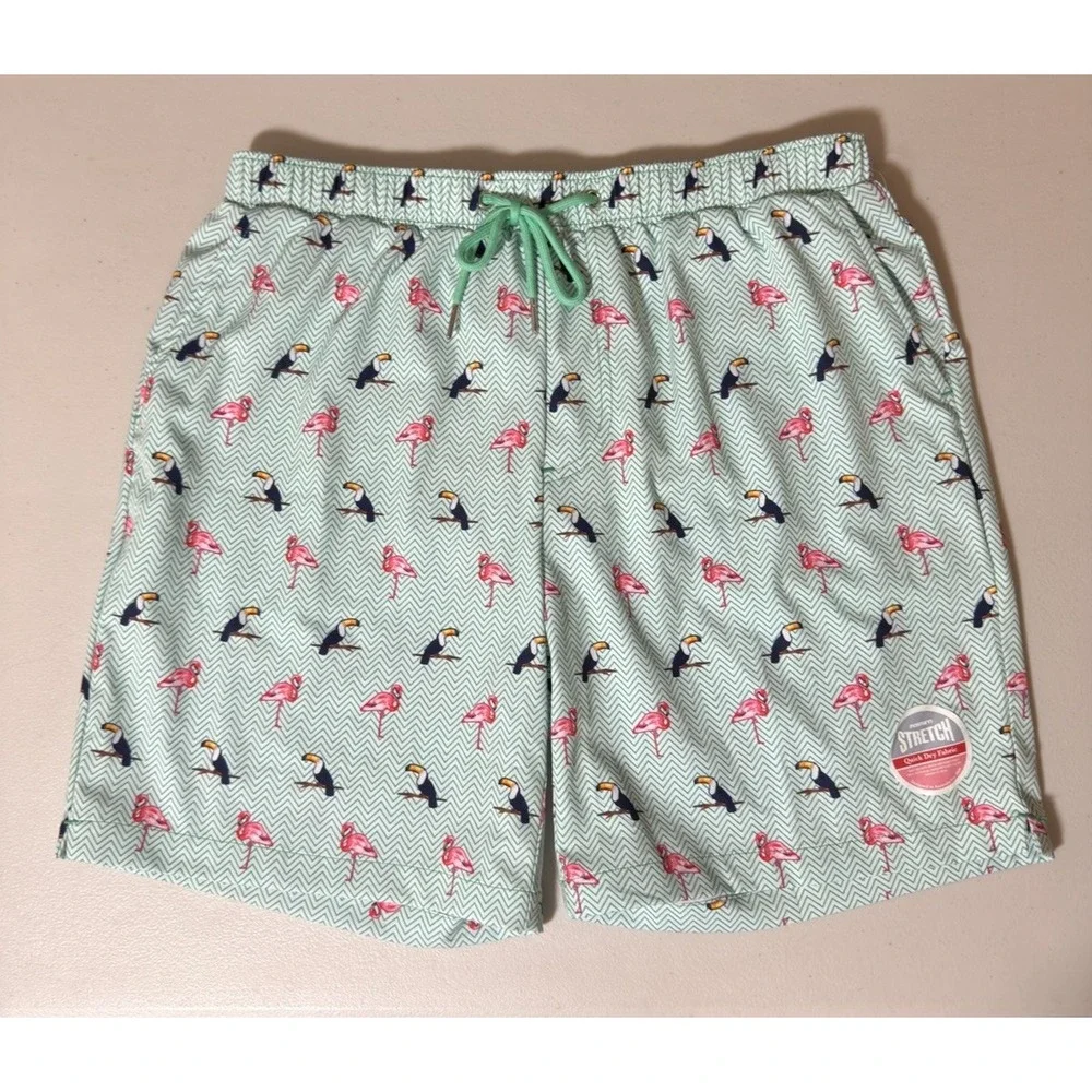 NWT Mosmann Australia Swim Shorts Trunks Men's Large Teal Flamingo/Toucan Print